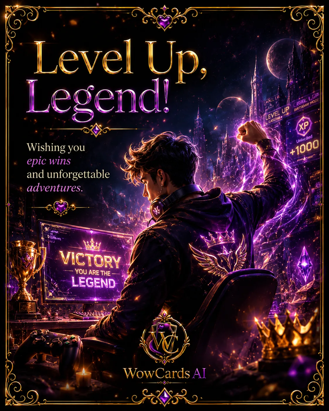 Custom AI card example: Level Up, Legend!, Gaming Birthday